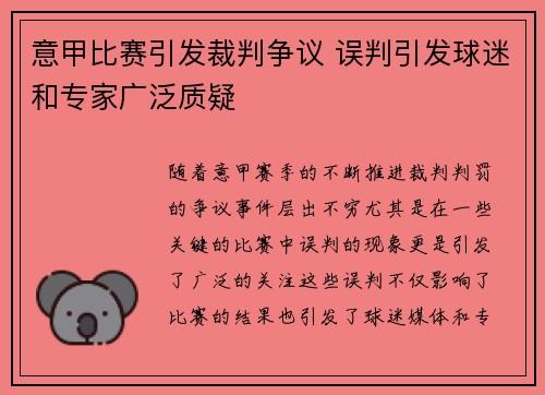 意甲比赛引发裁判争议 误判引发球迷和专家广泛质疑