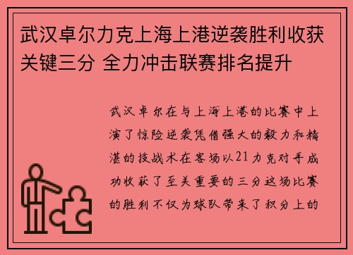 武汉卓尔力克上海上港逆袭胜利收获关键三分 全力冲击联赛排名提升